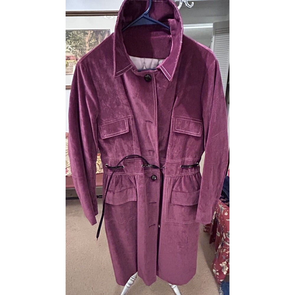 Vintage Purple Trench White Contrast Stitching, Quilted Lining, 4 Pockets, Belt